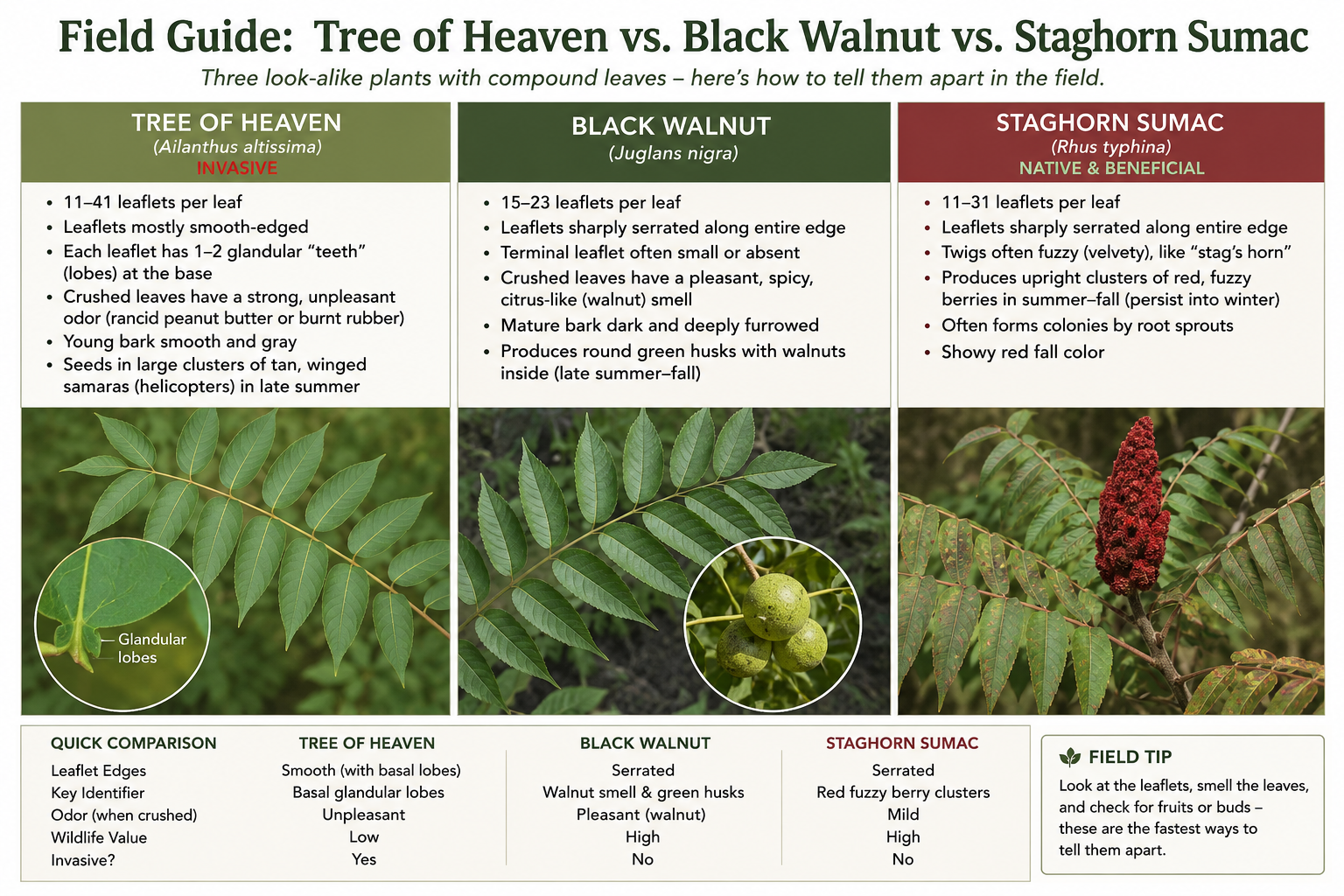 Field guide comparing Tree of Heaven, Black Walnut, and Staghorn Sumac by leaves, scent, fruit, bark, and stems